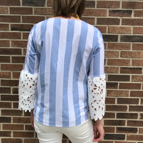 Lace Bell Sleeve Cotton Stripe Top - Picture 5 of 6
